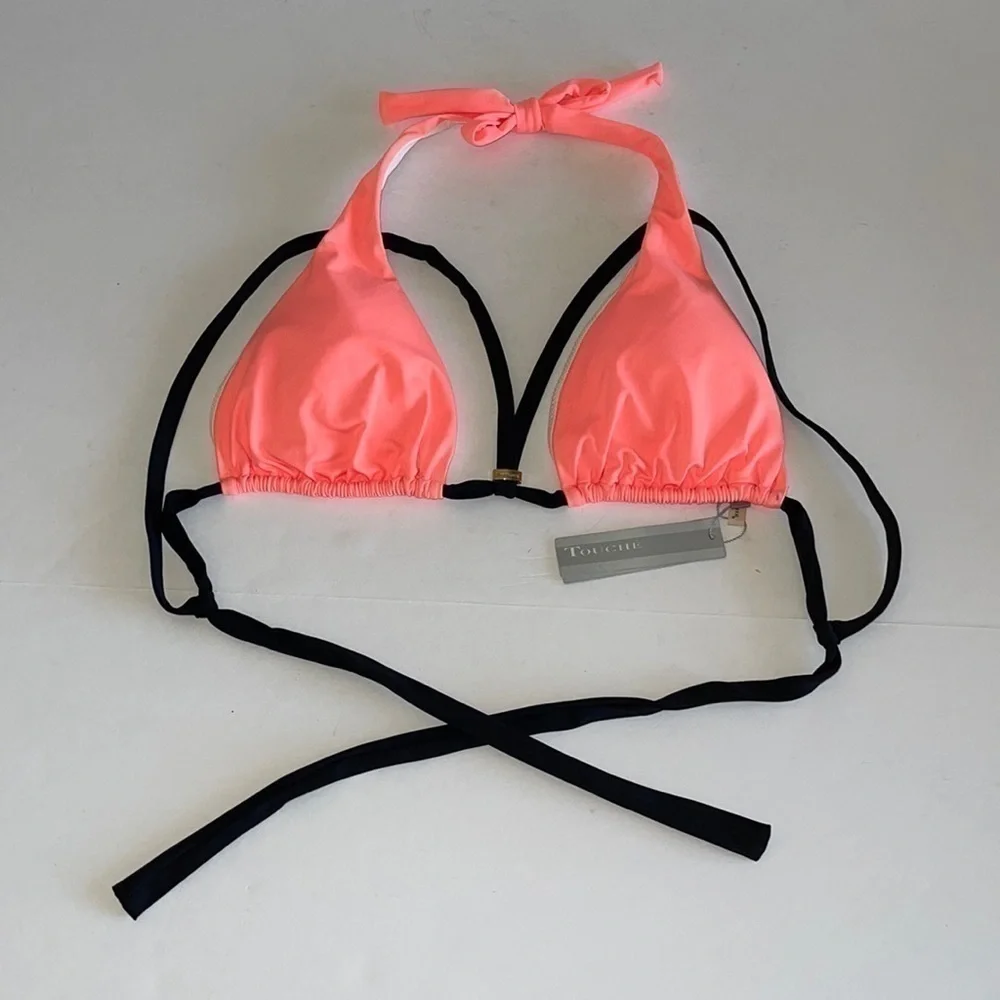 NWT Touché Balneaire Neon Orange And Black Halter/Shoulder Strap Bikini Top